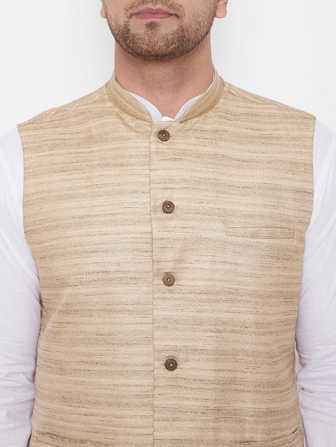 Vastramay Beige Cotton Silk Jacket & White Dhoti Kurta Baap Beta Set
